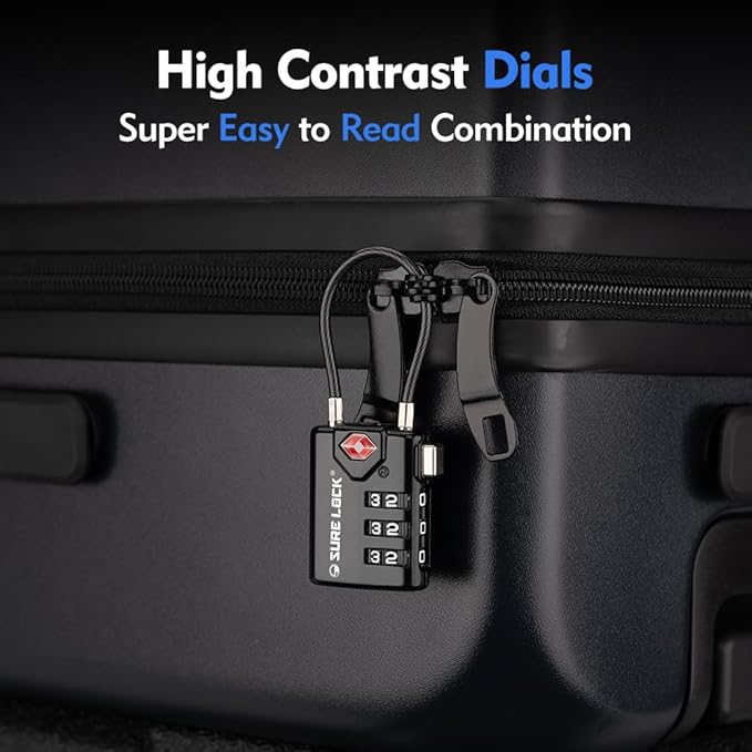 SURE LOCK TSA Approved Combination Luggage Locks with Open Alert Indicator – Durable Zinc Alloy Cable Travel Locks with Large Easy-Read Dials for Suitcases, Backpacks & Gym Bags( Four Colour)