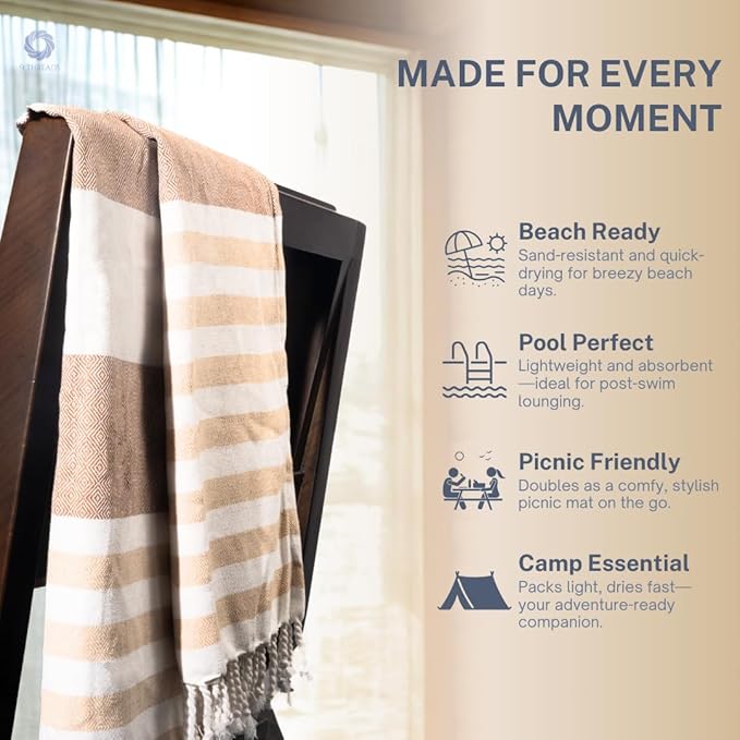 Cotton Turkish Beach Towel with Towels Oversized 36"x72" Pool Absorbent Extra Large Quick Dry Sand Travel Towel (Biscotti Luxe, 2 Pack)