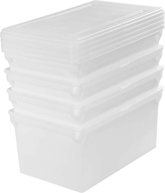 IRIS USA File Box, File Organizer w/Hinged Split Lid for Letter File, Important Document Box, Plastic Storage Filing Bin for Moving, Stackable Nestable Portable, Pearl 44 Qt. 4 Pack