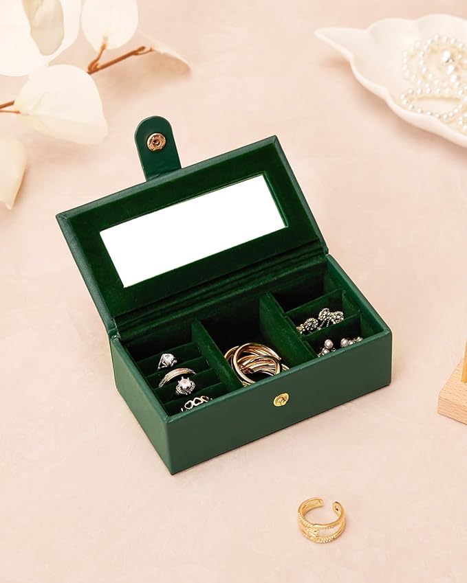 Homde 2 IN 1 Jewelry Box for Women Girls with Small Travel Case Mirror Necklace Ring Earrings Organizer - Christmas Gifts (Forest Green + Gold)
