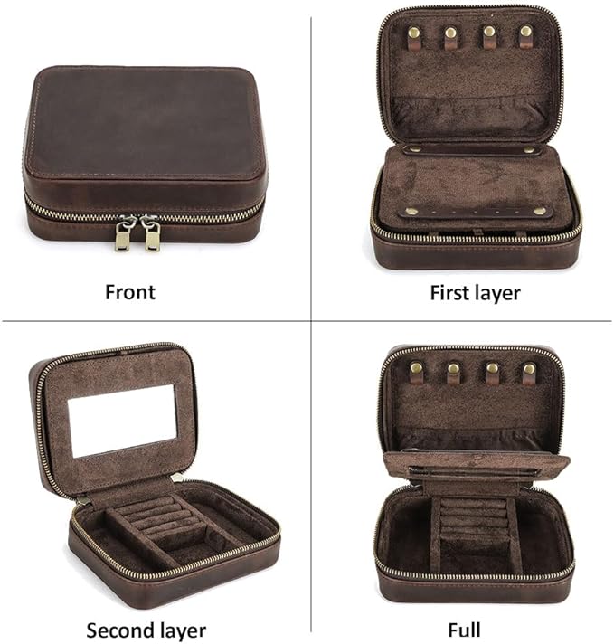 CONTACTS Genuine Leather Jewelry Box for Men Travel Jewelry Organizer Zipper Jewelry Cufflinks Ring Necklace Bracelet Storage Case with Mirror, Rectangular+mirror, Coffee
