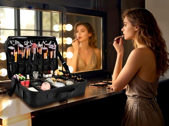 gzcz Travel Makeup Bag,Professional Cosmetic Bags for Women,Portable Makeup Brush Case Organizer Storage with Adjustable Dividers and Shoulder Strap (Medium)