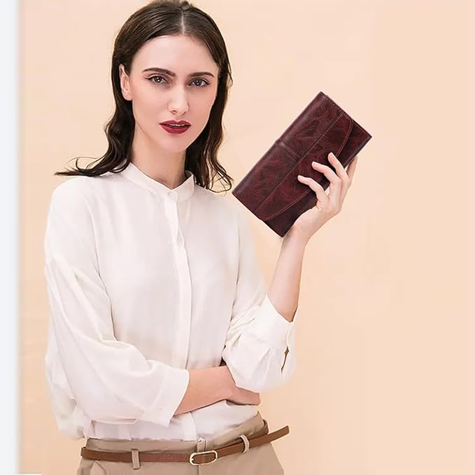 RFID Blocking Genuine Leather Wallet for Men and Women Large Capacity Phone and Credit Card Holder Organizer Purse (Dark Burgundy)