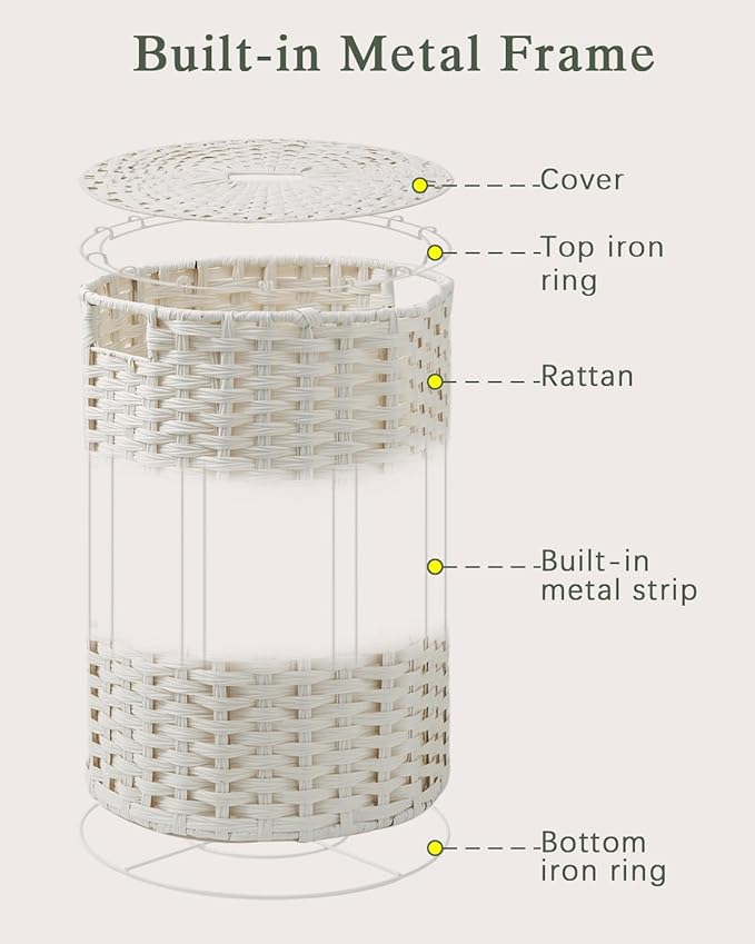 Laundry Hamper Laundry Basket Round 19.0 Gal (72 L) Handwoven Rattan Laundry Basket, Large Wicker Laundry Hamper with Removable Laundry Bag Handles 2 Mesh Bags for Bedroom Living Room White