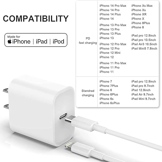 iPhone 20W USB C Fast Charger with USB C to Lightning Cable & Compatible Cord for iPhone 14/13/12/11/XS/XR/X/iPad