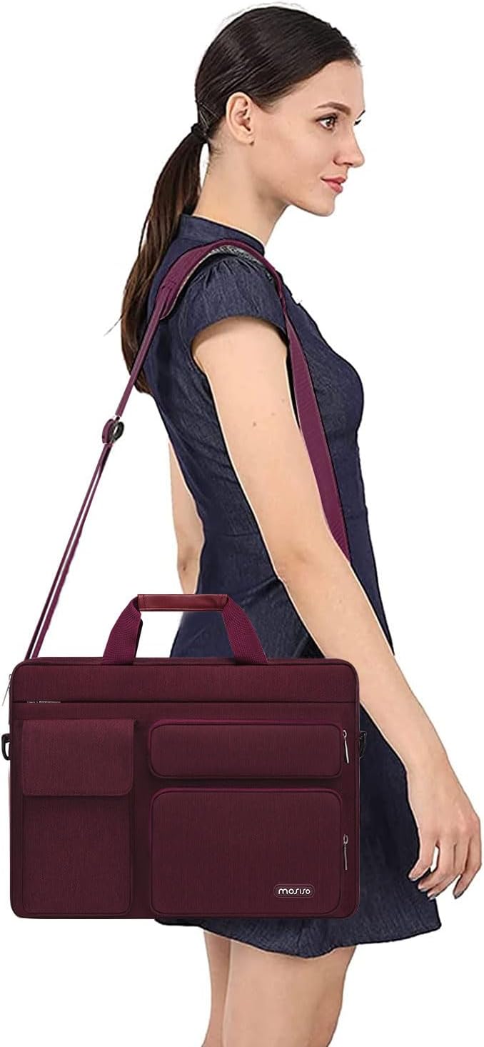 MOSISO Laptop Shoulder Bag 15.6 inch, 15-15.6 inch Computer Bag Compatible with MacBook Pro 16 inch, HP, Dell, Lenovo, Notebook with 2 Raised&1 Flapover&1 Horizontal Pocket&Handle&Belt, Wine Red