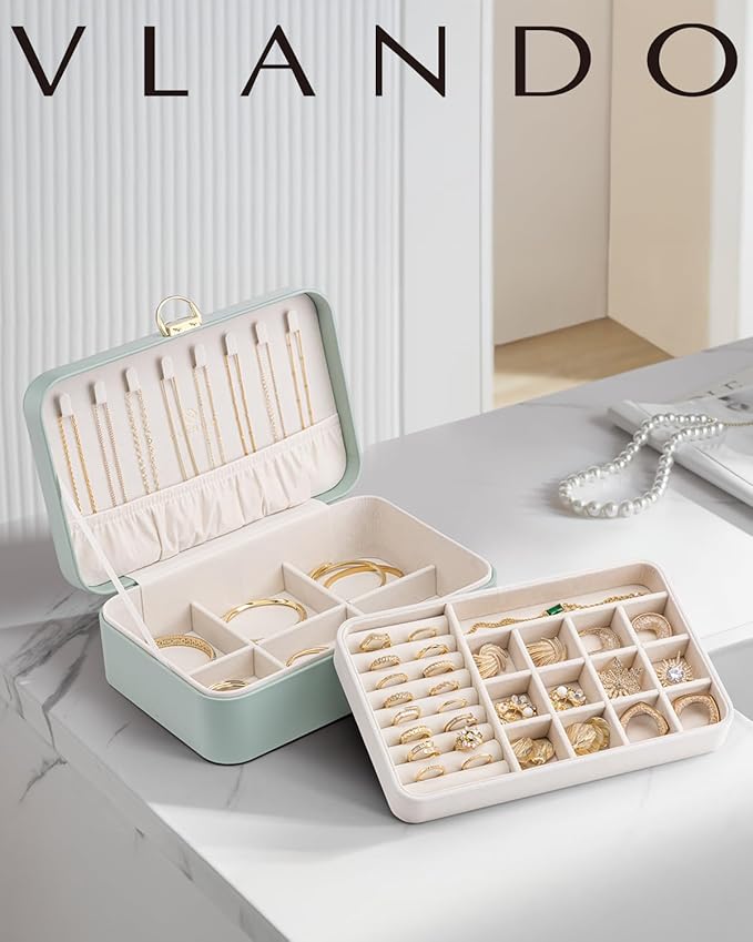 Vlando Jewelry Box Organizer for Women Girls, 2 Layer Jewelry Case with Lock,Jewelry Storage Earrings Necklace,Rings,Gift Box Packaging,Wedding Birthday Gifts Aqua Green
