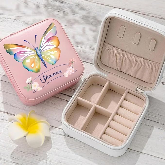 Getname Necklace Custom Name Butterfly Travel Jewelry Case Personalized Travel Jewelry Box with Name Watercolor Butterfly Small Jewelry Box Portable Jewelry Organizer