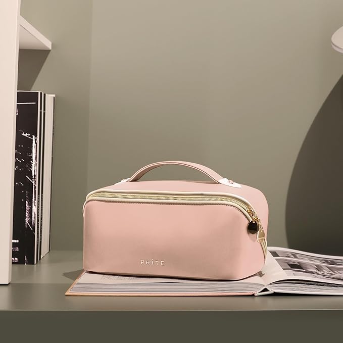 Prite Makeup Bag for Women Travel Waterproof Vegan Leather Cosmetic Bag Open Flat Toiletry Bag With Clear Divider and Handle (Large Pink)