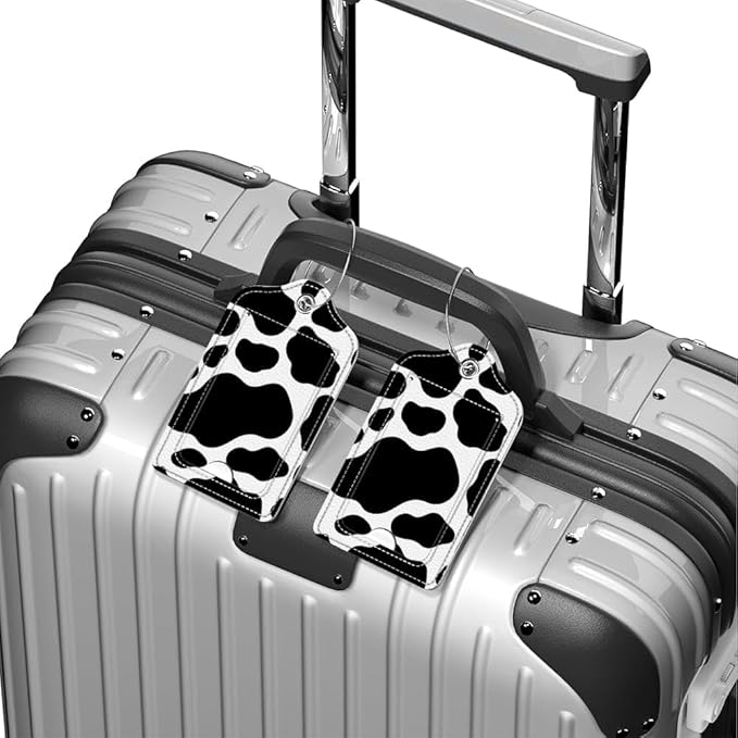 Funny PU Leather Luggage Tags 2-Pack Fantasy Cow Skin Cute Pattern Suitable for Suitcase Stainless Steel Loop and Address Card Essential for Cruise and Airport Travel for Men and Women