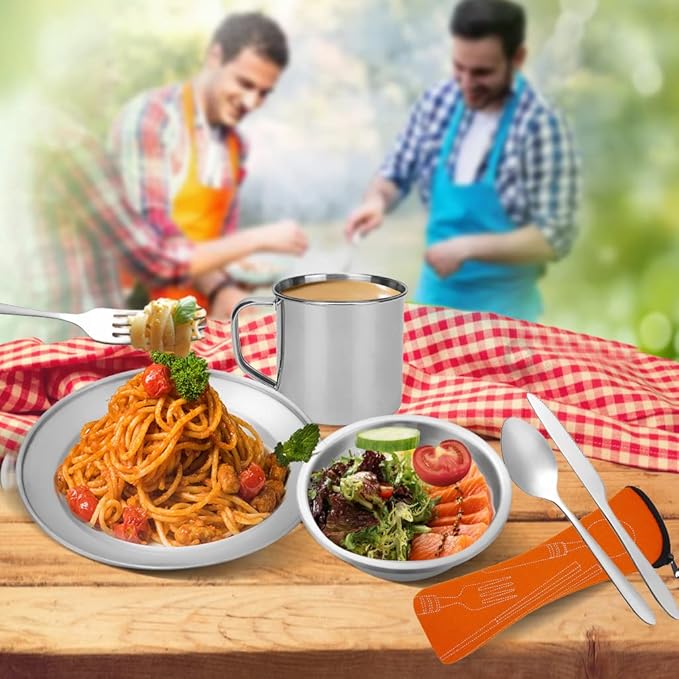 Stainless Steel Camping Cutlery Set - 8 Piece, Includes Spoons, Mugs, Bowls, Plates, Rags & Organizer Straps - Easy to Carry for Backpacking, Camping, Hiking and Picnics