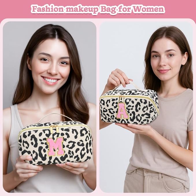 Personalized Travel Makeup Bag Set,Initial Travel Cute Leopard Makeup Organizer Bag,Toiletry Skincare Cosmetic Bag,Christmas Gifts for Women/Girls,Open Flat Toiletry Pouch with Brush Pocket-G
