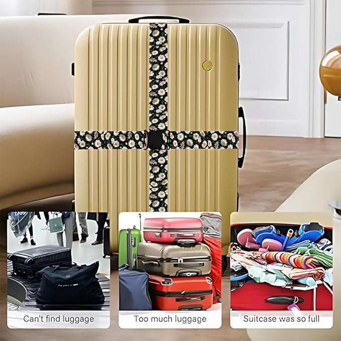 2PC,Daisy Flower Luggage Strap 1.97 x 70.84 inch White Floral Design Adjustable Suitcase Belt Durable Nylon Baggage Identifier for Elegant Travel Accessory