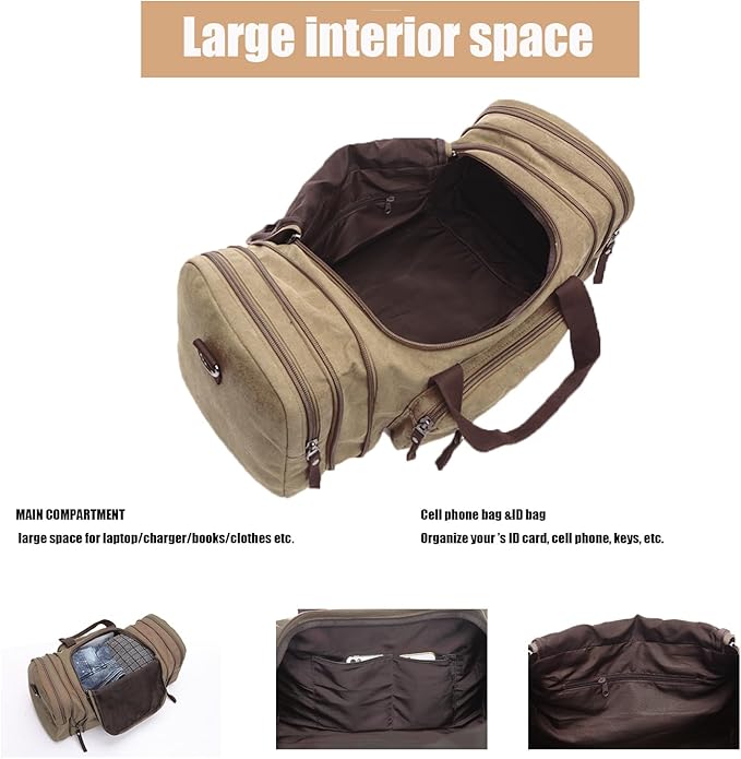 Large men's travel luggage bag, carry overnight bag, weekend handbag, waterproof canvas travel bag(khaki)
