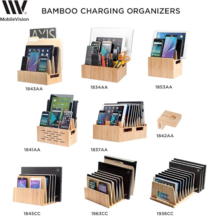 MobileVision Bamboo Multi Device Inclined Organizer for Smartphones, Tablets and Laptops, Upright Sections, Step Sorter, 5 Slots