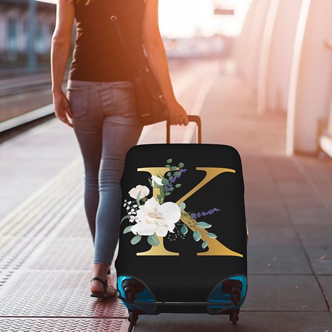 Flower Letter K Black Luggage Cover Elastic Washable Stretch Suitcase Protector Anti-Scratch Travel Suitcase Cover for Kid and Adult XL (29-32 inch suitcase)