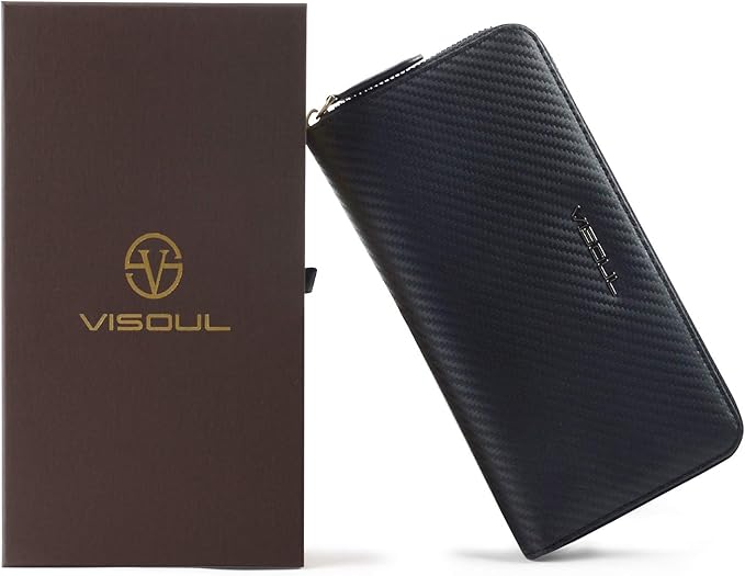 VISOUL Leather Long Zippered Pouch Wallet for Men with RFID Blocking Two-tone, Large Carbon Fiber Leather Clutch Cash Long Wallet with Zipper (Black+Orange)