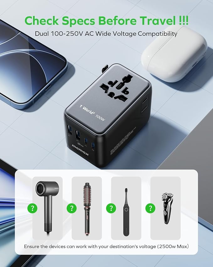 MOMAX 6-in-1 Universal Travel Adapter, GaN 100W International Power Adapter, 2 AC, 2 USB-C PD Fast Charging & 2 USB-A QC, All-in-one International Plug Adapter for Travel European UK AUS JP