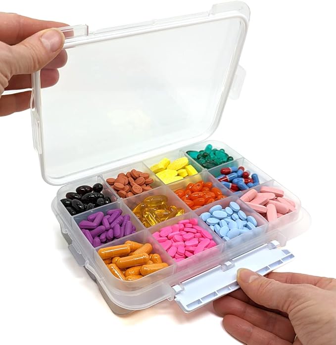 12 Compartment Large Pill Case with Airtight Seal - Silicone Gasket Waterproof Med Box with Medication Map & Medical Alert Card (Clear, 2 Pack)