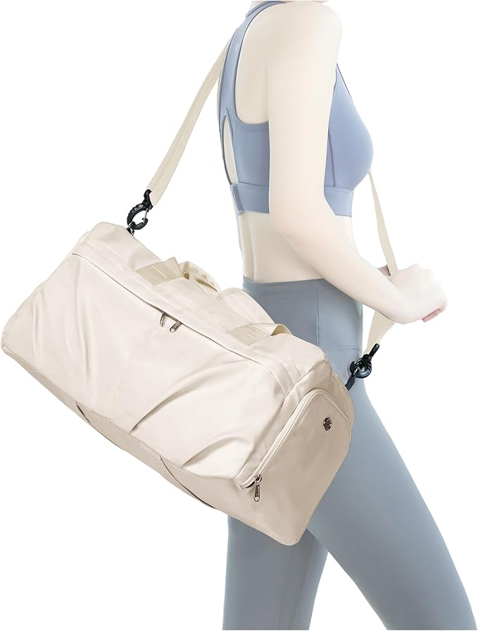 Gym Bag for Women Men with Shoe Compartment, Sport Duffel Bag, Waterproof Travel Weekender Overnight Carry on Bag for Yoga with Trolley Sleeve, Beige