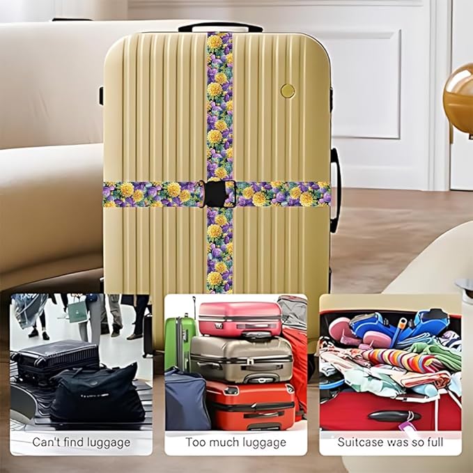 2PC,Cactus Flower Luggage Strap 1.97 x 70.84 inch Purple Green Yellow Botanical Design Adjustable Suitcase Belt Durable Nylon Baggage Identifier for Nature Travel Lovers