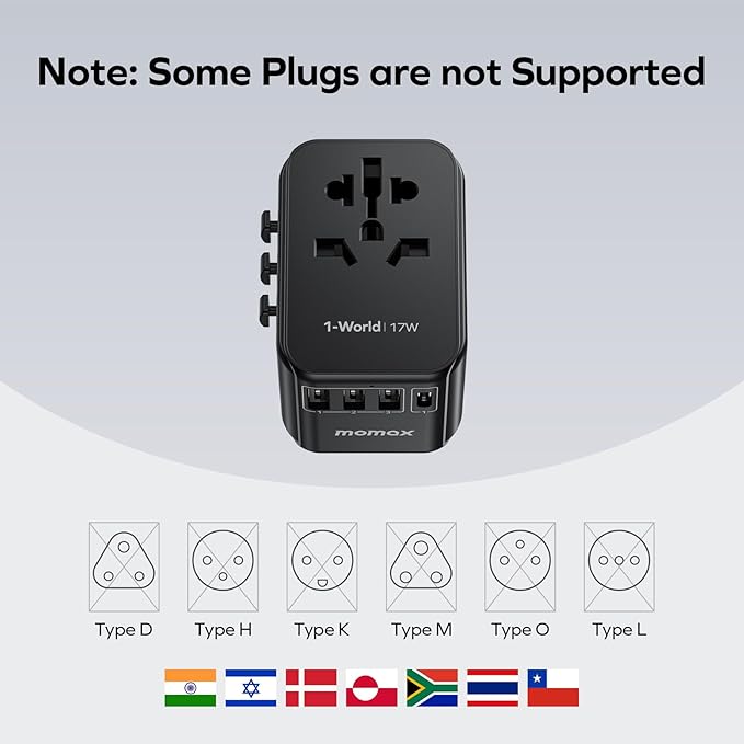 MOMAX 5-in-1 European Travel Plug Adapter, Worldwide All in One Travel Adapter, International Power Adapter Wall Charger with 3 USB A and 1USB C Charging Ports for Travel Essentials (Type C/G/A/I)