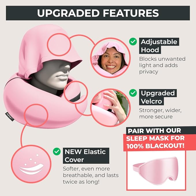 FlyHugz® 2.0 Hooded Travel Pillow – 2025 Original Release – Memory Foam Neck Pillow with Adjustable Hood & Premium Elastic Washable Cover – First Class Comfort for Flights, Road Trips & Sleep- Pink