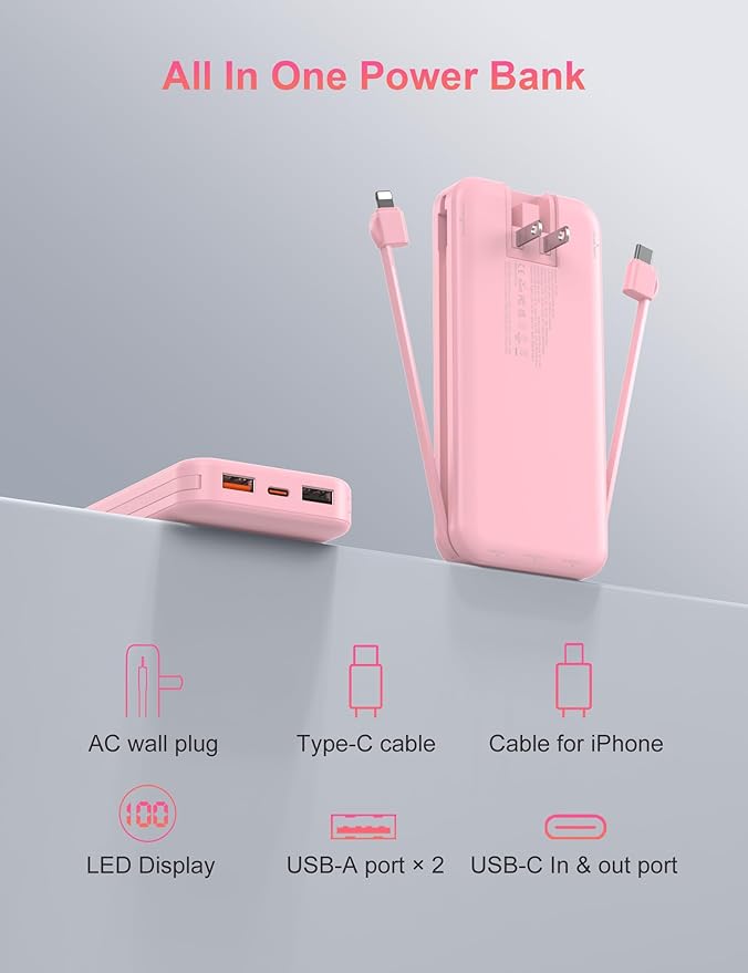 Portable Charger with Wall Plug, 12000mAh USB C Power Bank Fast Charging, External Battery Pack with Built in Cables, Digital Display, 5 Output 4 Input for iPhone Android Cell Phone Tablet