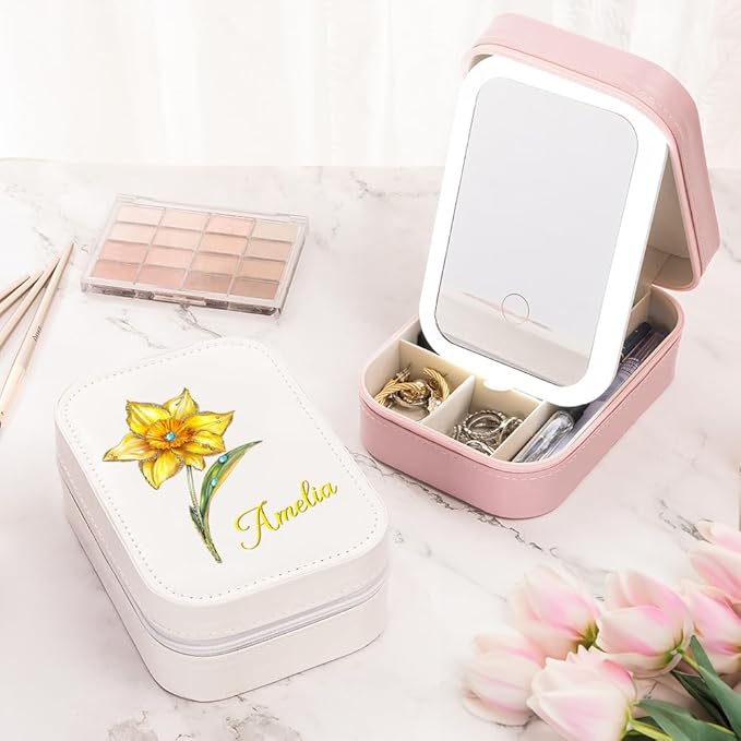 callie Personalized Birth Flower Jewelry Box with Mirror & LED 3 Adjustable Light, Custom Name - Travel Makeup Box Organizer, Birthday Christmas Gift for Women Girls