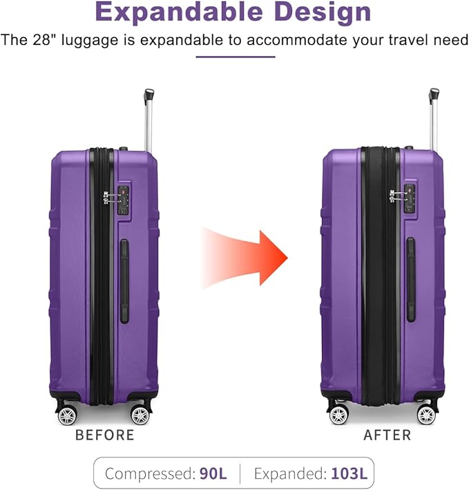 Kono 4 Piece Luggage Sets Expandable(only 28") with Spinner Wheels TSA Lock Lightweight PC+ABS Hardside Travel Rolling Suitcases 20in 24in 28in Carry on and 12in Mini Cosmetic Case Purple