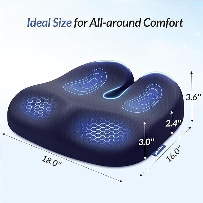 ZIKEE Ergonomic Seat Cushion with Thigh Relief Slope, Office Chair Cushion with Premium Memory Foam for Car, Home, U-Shaped Design Alleviates Hip, Tailbone Pain, Anti-Slip Sciatica Pain Relief Pillow