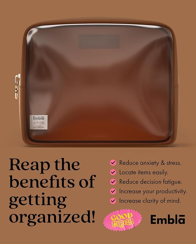 Embla Clear Cosmetic Bag Makeup Case, Clear Zipper Make Up Pouch and Toiletry Travel Tote, Cute Skincare Pouches for Women Girls, Preppy Purse Cosmetic Organizer, Large Makeup Bags, Chocolate