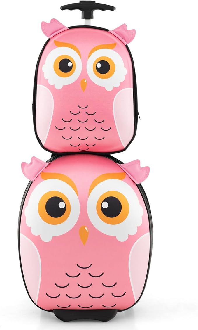 HONEY JOY Kids Luggage, 12” Children Hardshell Backpack & 16” Toddler Travel Rolling Suitcase, 2 Pcs Lightweight Carry On Luggage Set, Kids Luggage with Wheels for Girls & Boys(Pink Owl)