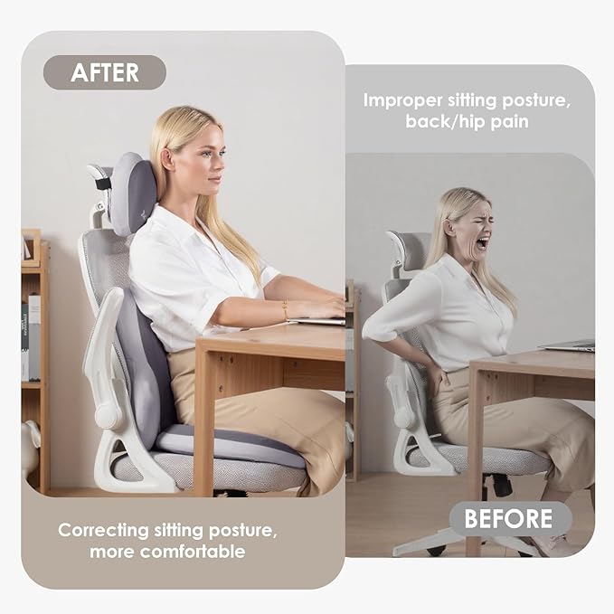 FLORICH 3 PCS Seat Cushion for Carseat Lumbar Support Pillow Car Neck Headrest Pillows Ultrathick Memory Foam Seat Pads Pressure Relief Back Cushion for Office Chair(Beige Grey)