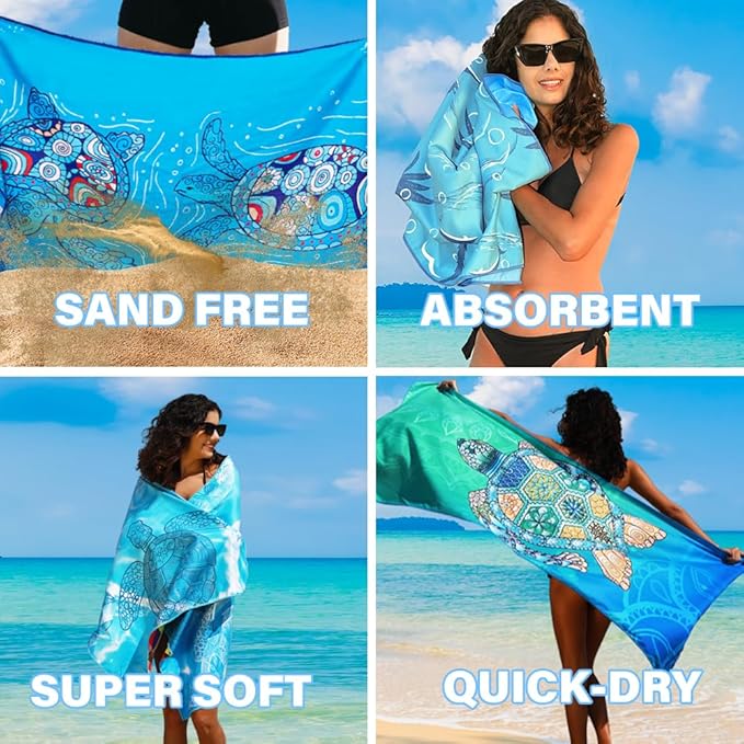 2 Pack Lightweight Thin Microfiber Beach Towel Sand Free Quick Dry Absorbent Compact Soft Pool Swim Travel Towels Extra Large Oversized Beach Accessories Packable Essentials Stuff Gifts for Adult