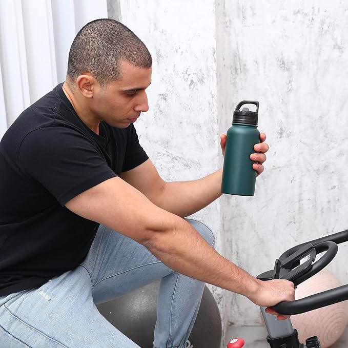 BJPKPK Insulated Water Bottles with Straw Lid, 27oz Stainless Steel Water Bottle with 3 Lids, Leak Proof BPA Free Metal Thermo, Mugs, Tumblers, Keep Cold Hot -Army Green