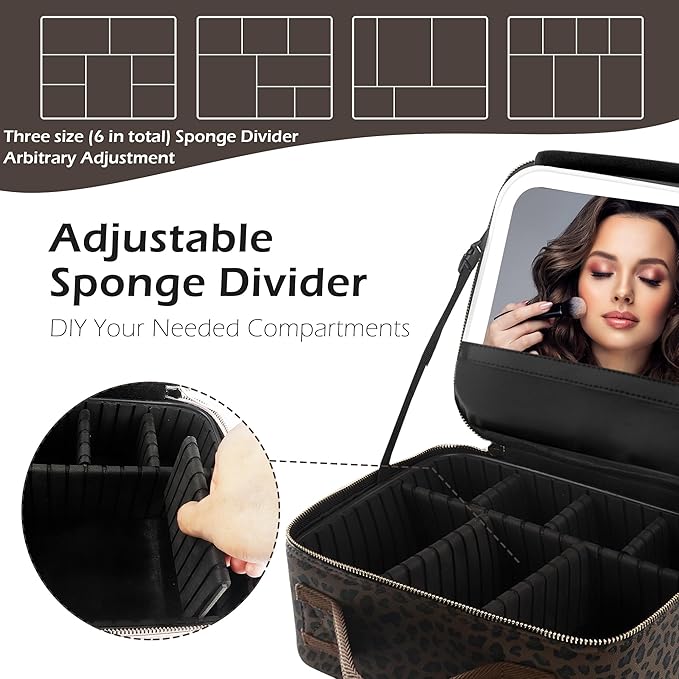 MOMIRA Makeup Train Case Makeup Bag with Light up Mirror Cosmetic Bag Organizer Detachable Portable Travel Makeup Case with Adjustable Dividers Makeup Brushes Storage, Waterproof,Leopard-Dark brown