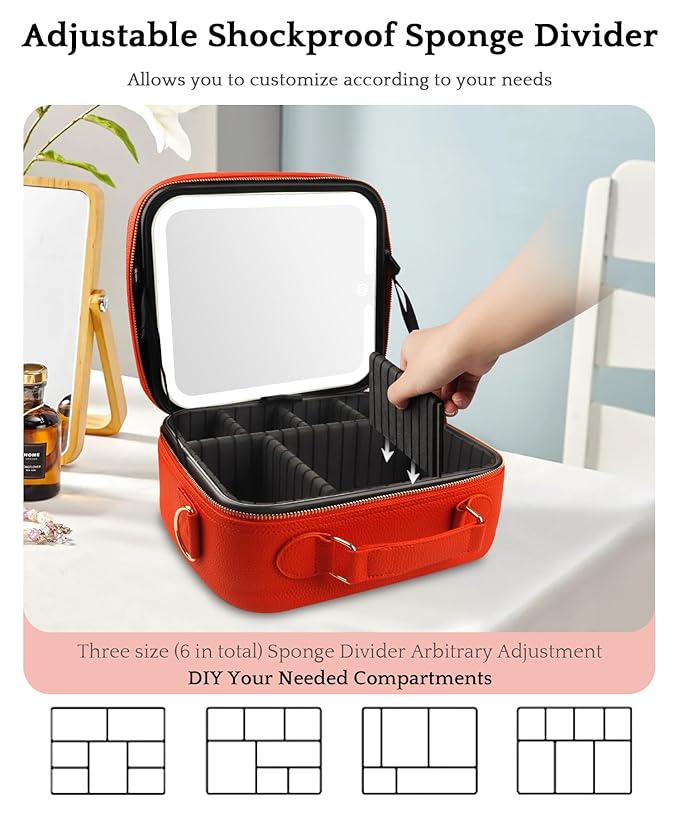 MOMIRA Travel Makeup Bag Cosmetic Bag with Lighted Mirror, Adjustable Brightness in 3 Color Scenarios/Detachable makeup mirror, All-round Upgrade, Waterproof, Gift for Women -Orange