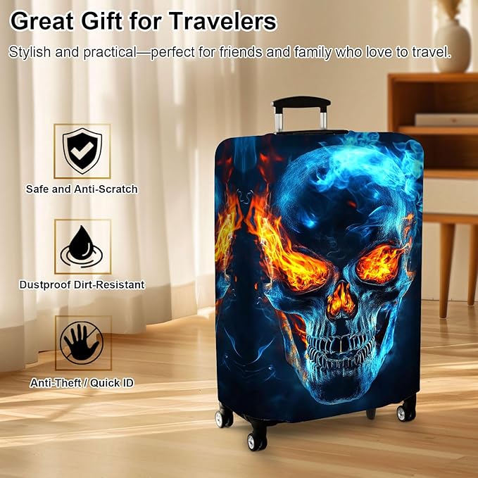 Luggage Cover Protector for 26-28 Inch Suitcases, TSA Approved Elastic Travel Suitcase Covers, Anti-Scratch Washable Luggage Sleeve for Carry On & Checked Bags, Flame Skull