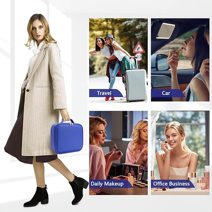 Travel Makeup Bag for Makeup Artists Large Makeup Case,with Mirror 3 Color Setting and Detachable 10x Magnifying Mirror Travel Makeup Bag,Portable Storage and Adjustable Dividers-dark blue