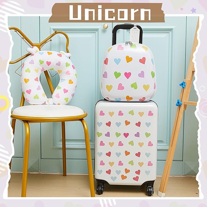 Sanwuta 4 Pcs Kids Luggage Set Backpack Travel Rolling Suitcase U-shape Pillow Christmas Children Gift for Girls Boys(17 Inch,Heart Style,White)