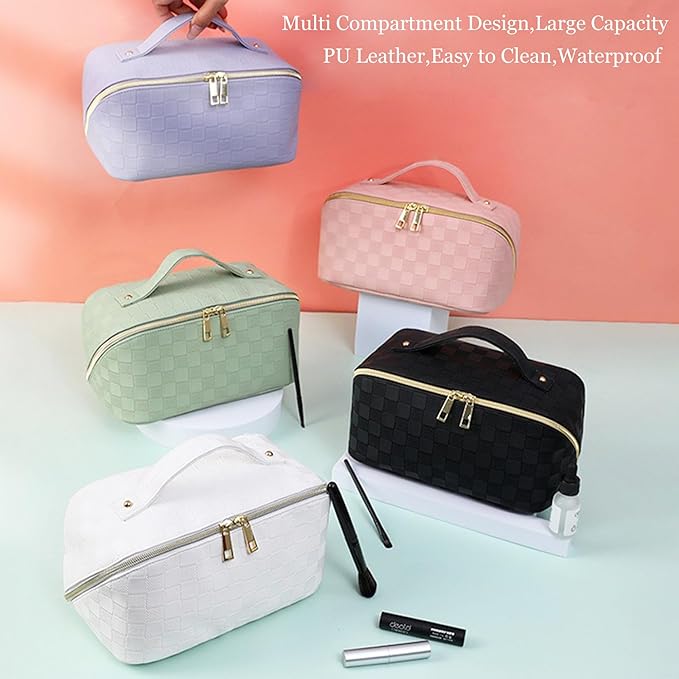 Cosmetic Bag,Travel Makeup Bag, Large Capacity Cosmetic Bags for Women, Waterproof Portable Open Flat Toiletry Bags,Makeup Organizer Bag with Divider and Handle, Cosmetic Pouch Gifts for Women (White)