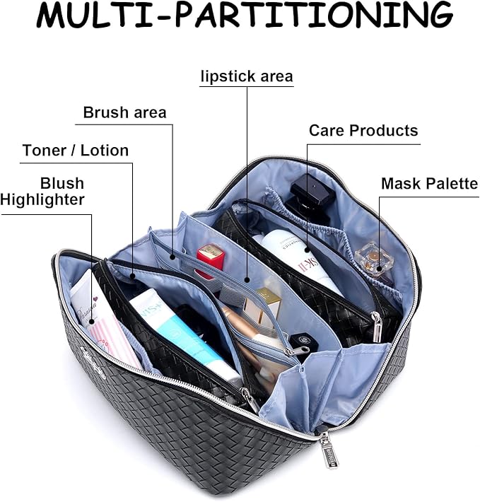 BOYATU Travel Makeup Bags for Women: Large Cosmetic Bag - PU Leather Make up Bag Set of 3 - Compact Toiletry Organizer with Compartments (L03 Black)