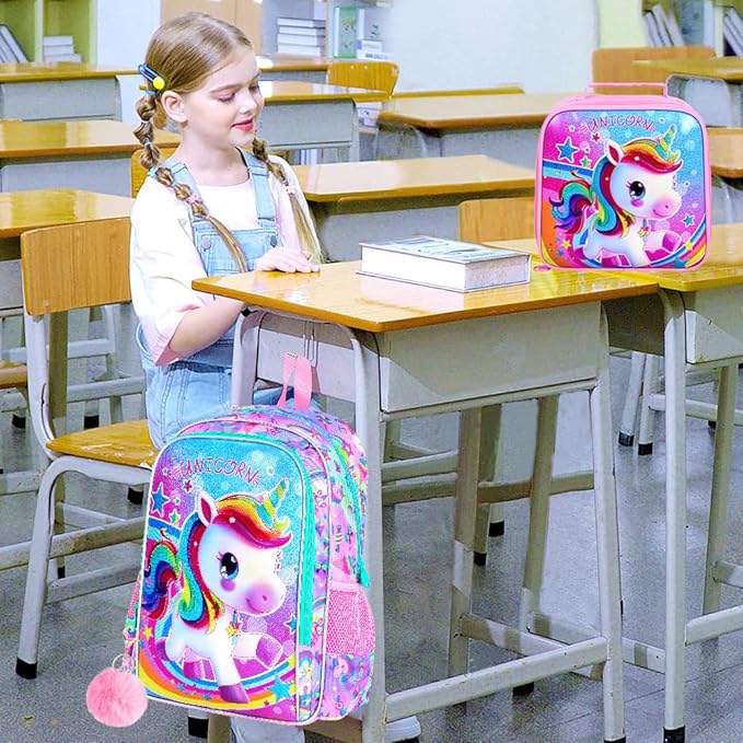 WZLVO 3PCS Kids Backpack for Girls, 16'' Girls Unicorn Backpacks with Lunch Box, Cute Animal Water Resistant School Bag Set for Elementary Kindergarten Toddler
