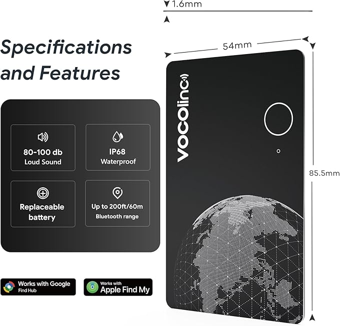 VOCOlinc Dual System Air Card Tag Pro 1 Pack, Rechargeable Wallet Tracker Item Finder Work with Android Google Find Hub or iOS Apple Find My APP (Huawei not Supported), Smart Locator for Luggage, Bags