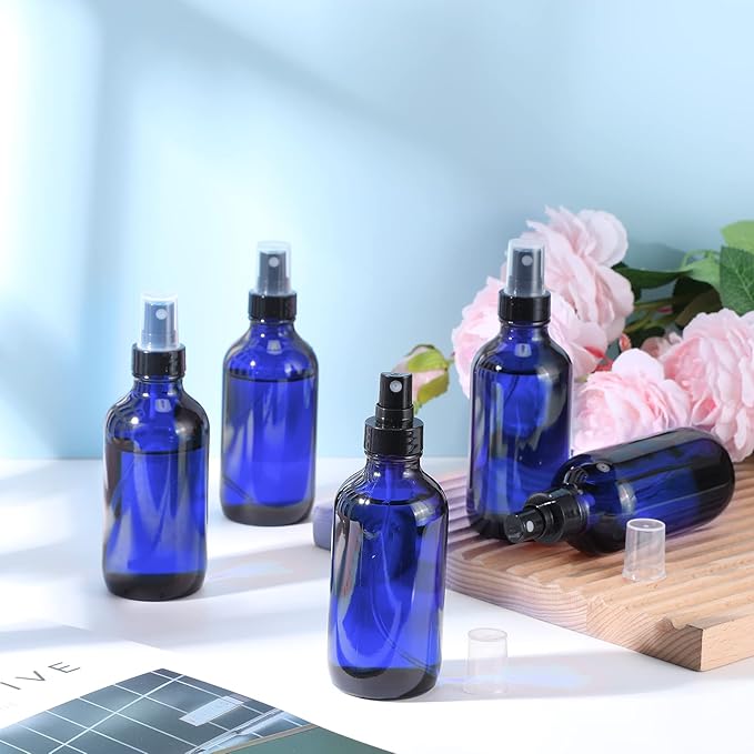 Fumete 36 Pcs Glass Spray Bottles 4oz Fine Mist Glass Spray Bottle Refillable Liquid Containers with 6 Labels 6 Funnel for Hair Travel Plants Cleaning Solutions Skin Care(Blue,Simple)