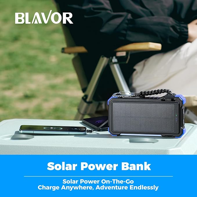 BLAVOR Solar Power Bank 20000mAh Built-in Cables, Wireless Charger for Apple Watch, 20W Fast Charging Battery Pack with USB C, Flashlight, Solar Charger for iPhone, iPad, iWatch, Samsung