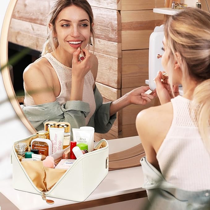 Birthday Gifts for Women Teen Girl, Personalized Initial Makeup Organizer Bag Set, Open Flat Travel Cosmetic Bag With Clear Divider and Handle(Beige,B)