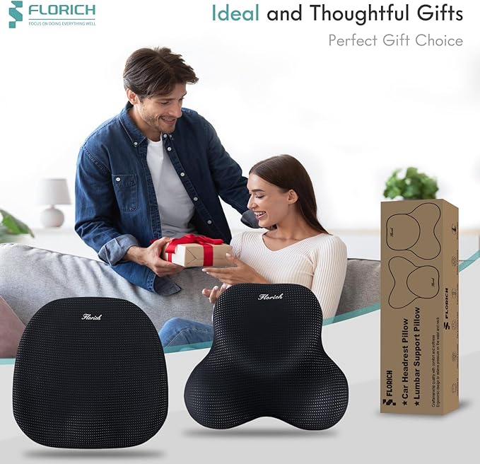 FLORICH Car Seat Cushion and Lumbar Support Pillow for Office Chair Car, Ergonomic Memory Foam, Relieves Back Sciatica Pain, Pressure-Relieving Back Support for Car, Office Chair & Wheelchair – Black