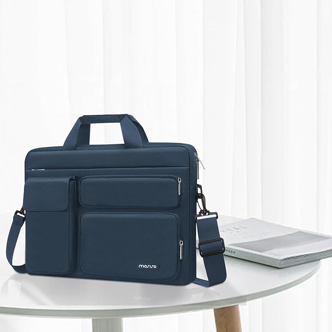 MOSISO Laptop Shoulder Bag 15.6 inch, 15-15.6 inch Computer Bag Compatible with MacBook Pro 16 inch, HP, Dell, Lenovo, Notebook with 2 Raised&1 Flapover&1 Horizontal Pocket&Handle&Belt, Haze Blue